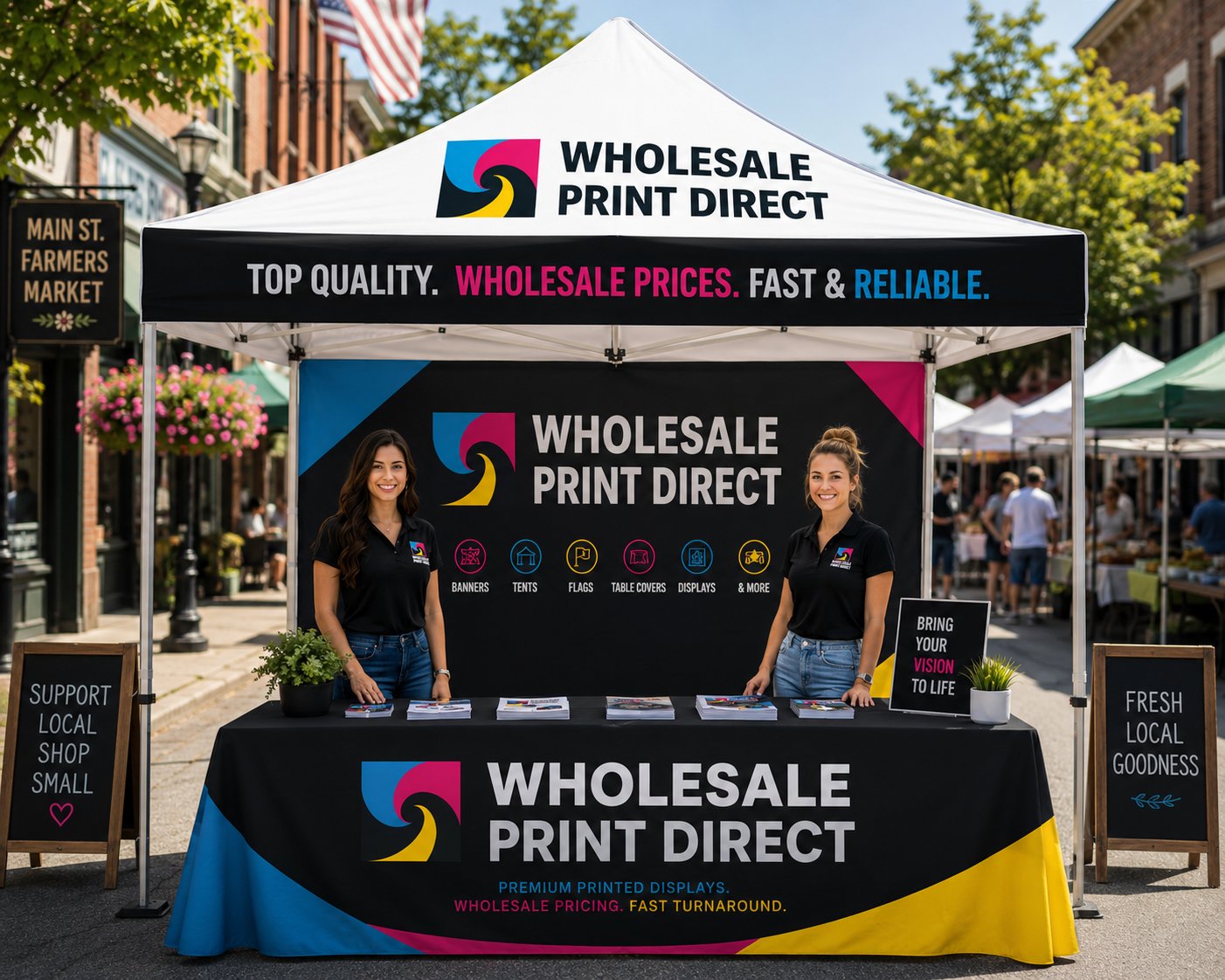 Branded canopy tent with printed table cover at an outdoor market