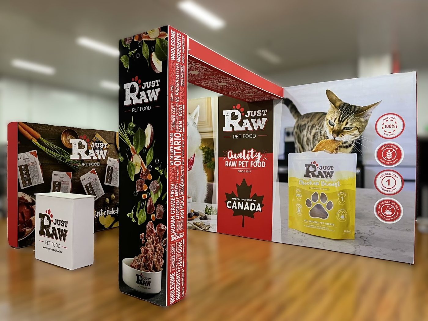 Custom exhibition booth with printed backdrop and displays