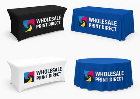 Custom printed table covers with Wholesale Print Direct branding in draped, fitted and stretch styles
