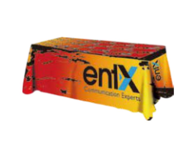 Draped custom table cover with loose corners and full-color print