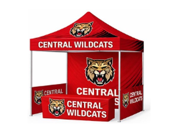 Canopy tent package with matching printed table cover and counters