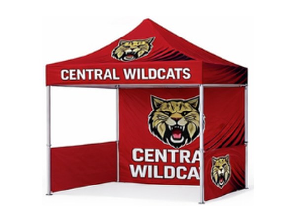 Custom canopy tent with back wall and printed half side walls