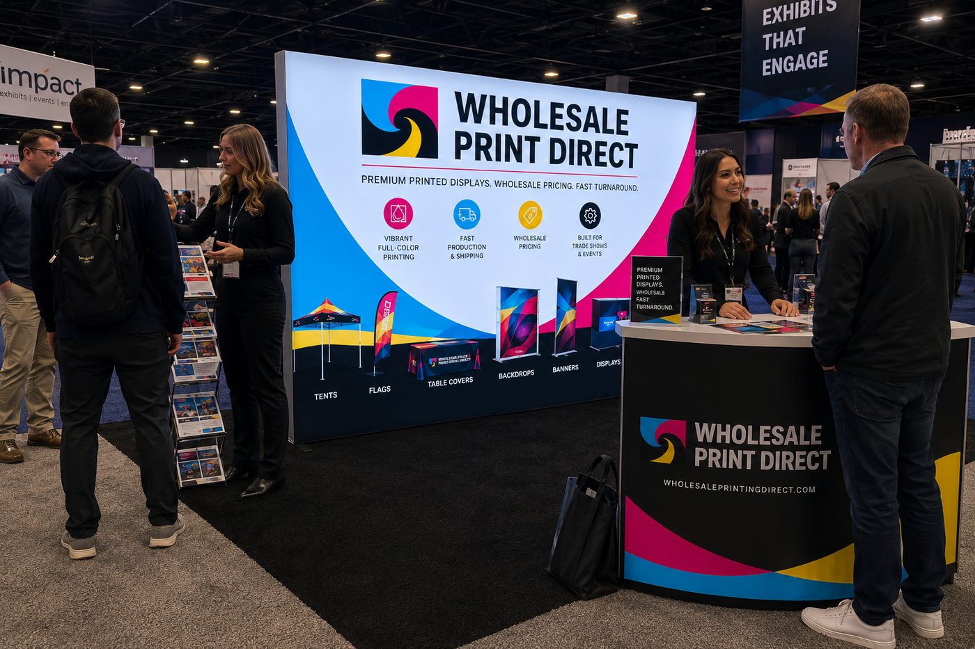 Wholesale Print Direct branded booth with SEG backdrop and branded counter